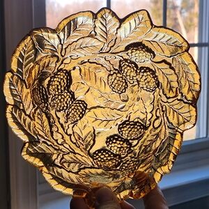 Vintage Marigold Amber Carnival Glass Blackberry Loganberry Leaf Pattern Dish